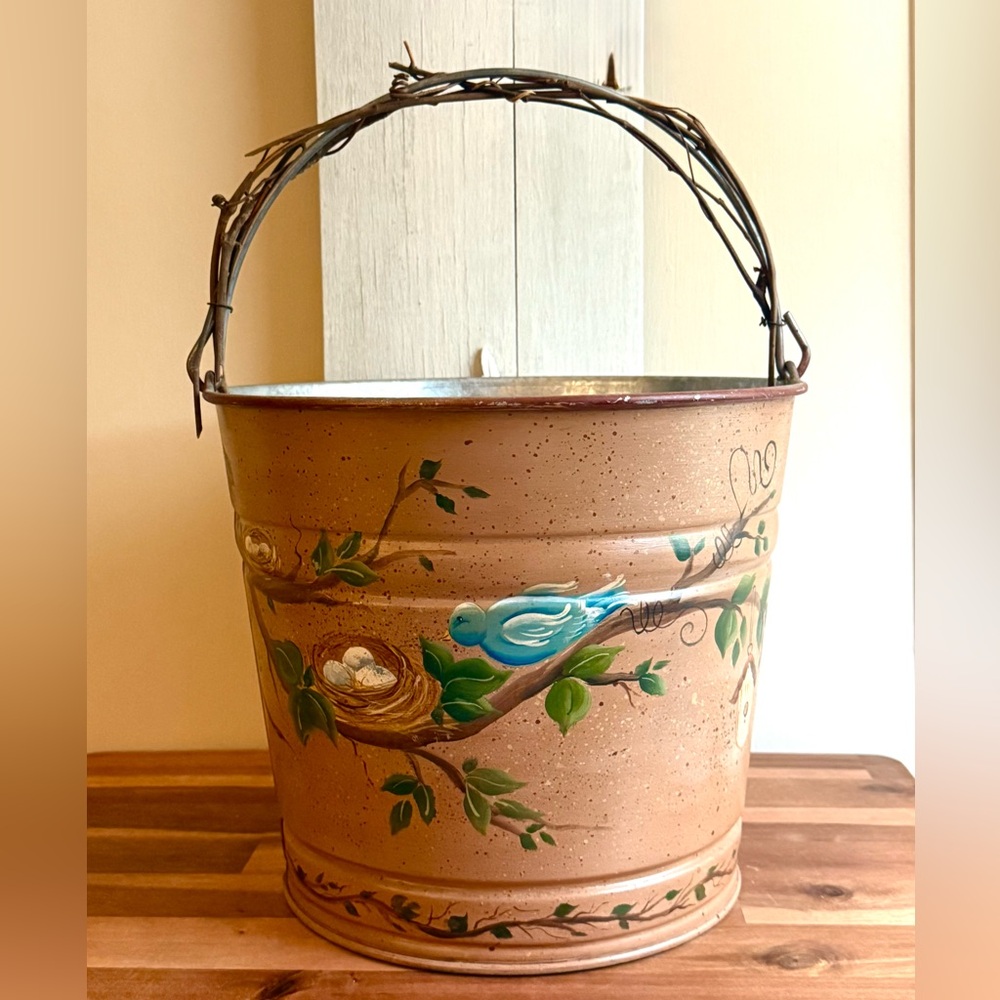 Charming Cottagecore Hand Painted Birds, Vines, Nests Galvanized Metal Bucket - Picture 4 of 10